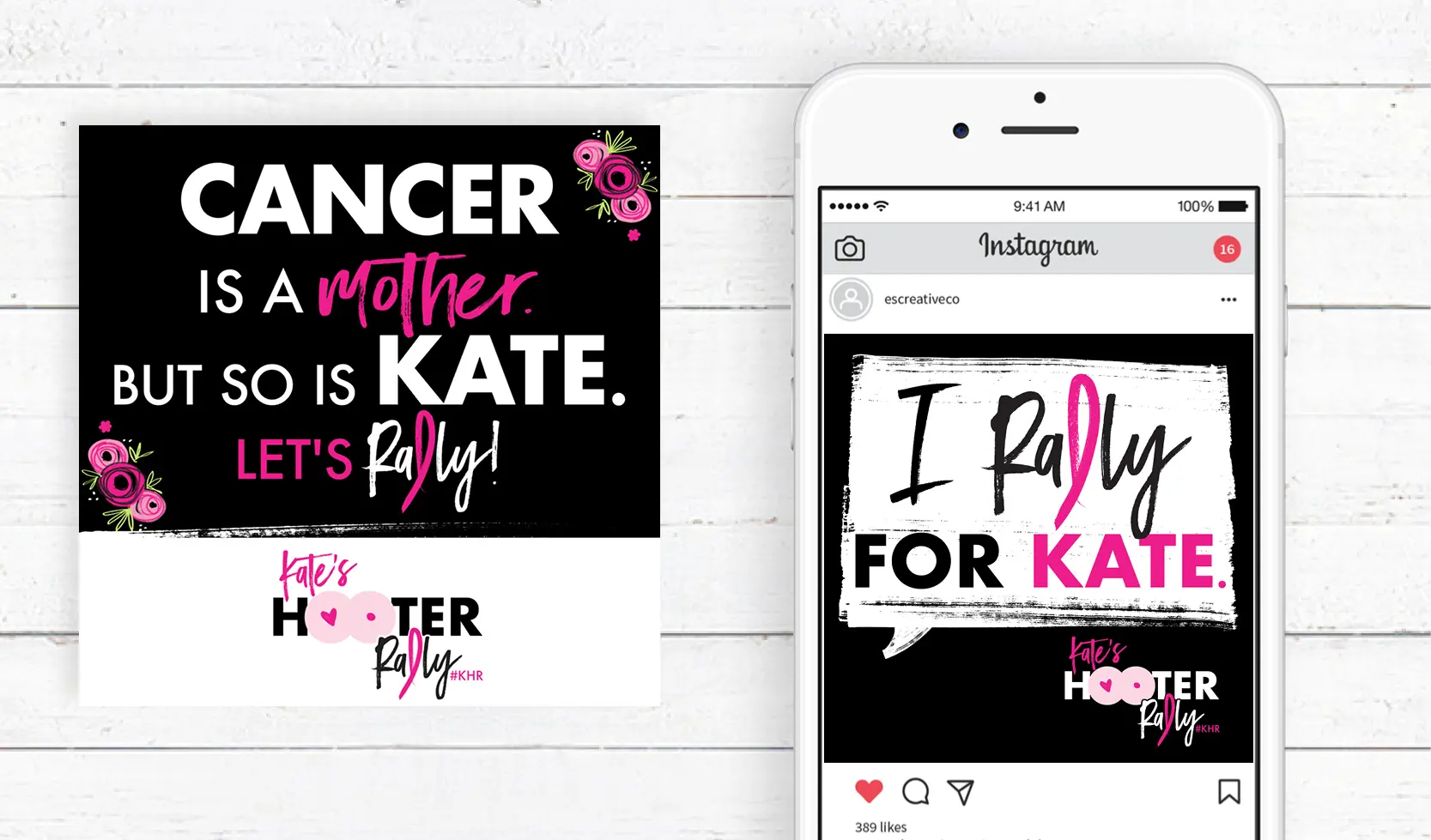 Edgy, hot pink and floral logo & branding design for Kate's Hooter Rally #KHR